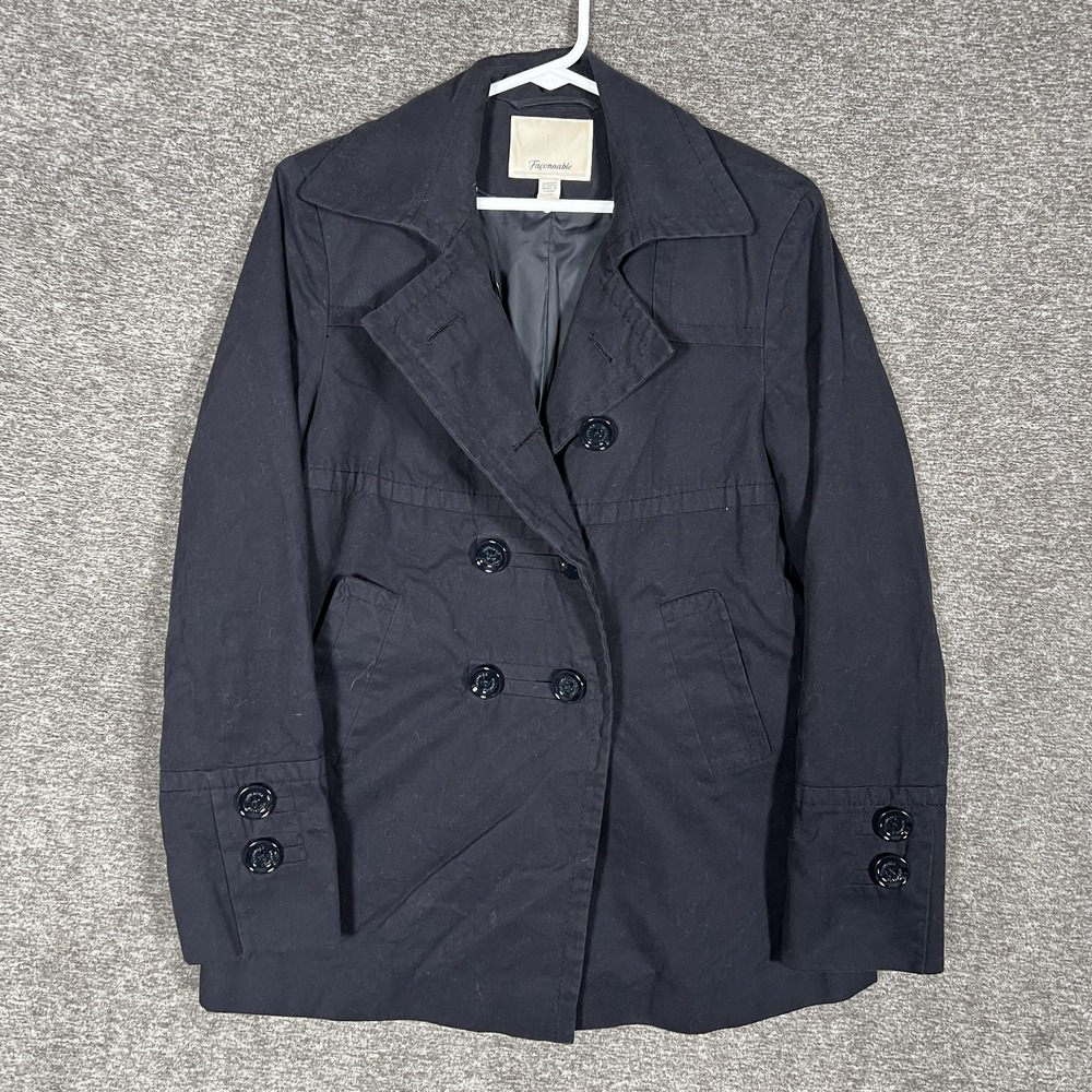 Faconnable Coat Womens XS Black Cotton Pea Coat Double‎ Breasted Lined Jacket